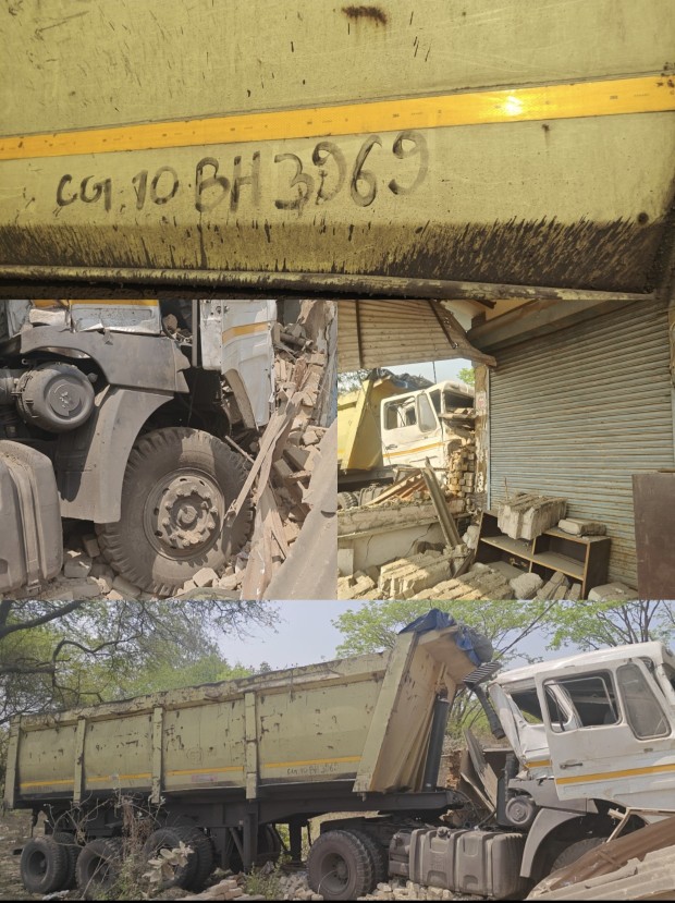 सीपत में तेज रफ्तार हाइवा घर में घुसी: दीवार गिरने से युवक घायल, लगभग 15 लाख का नुकसान